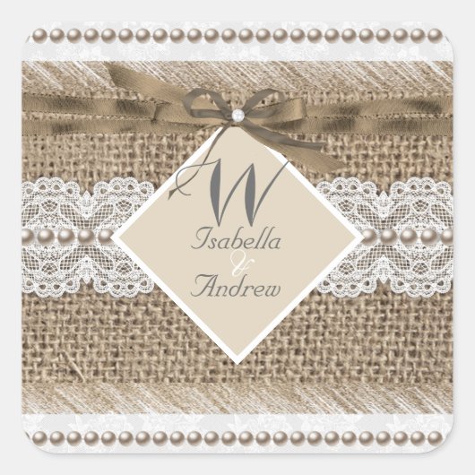 Rustikale Hochzeit Beige White Lace Burlap Quadratischer Aufkleber (Vorderseite)