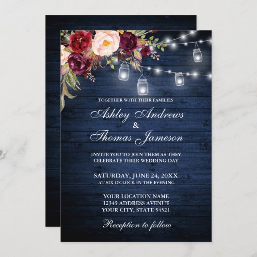 Rustikale Hochzeit blaues Holz Lichter Jars floral Einladung (Vorne/Hinten)