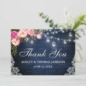 Rustikale Hochzeit Blaues Holz Pink Floral Jar Lig Dankeskarte (Stehend Vorderseite)