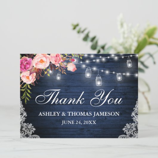 Rustikale Hochzeit Blaues Holz Pink Floral Jar Lig Dankeskarte (Stehend Vorderseite)