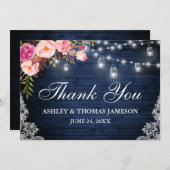 Rustikale Hochzeit Blaues Holz Pink Floral Jar Lig Dankeskarte (Vorne/Hinten)