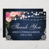 Rustikale Hochzeit blaues Holz rosa Blumenleuchten Dankeskarte (Vorne/Hinten)