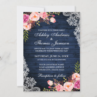 Rustikale Hochzeit Blaues Holz Rosa Blumenspitze Einladung