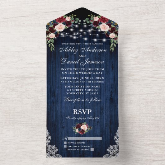 Rustikale Hochzeit bläulich blauer Holzleuchten All In One Einladung (Innen Boden)