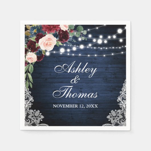 Rustikale Hochzeit Blue Burgundy Blumenace Serviette (Vorderseite)