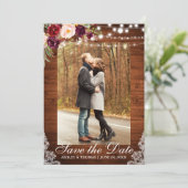 Rustikale Hochzeit Burgund Blumenspitze Save the D Save The Date (Stehend Vorderseite)