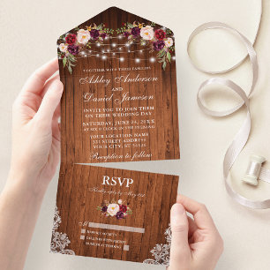 Rustikale Hochzeit Burgunder Florale Holz-Lacke-Li All In One Einladung