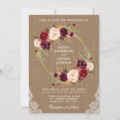 Rustikale Hochzeit Burlap Blumenkranz Lace Invite Einladung (Vorderseite)