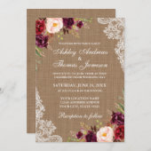 Rustikale Hochzeit Burlap Burgundy Bloral Lace Ein Einladung (Vorne/Hinten)