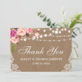 Rustikale Hochzeit Burlap Lights Lace Floral Dank Dankeskarte (Stehend Vorderseite)