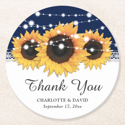 Rustikale Hochzeit der Blaublauen Burlap Sonnenblu Runder Pappuntersetzer (Vorderseite)