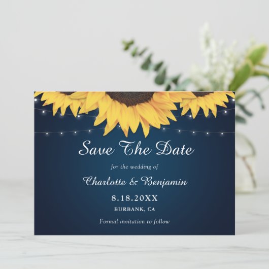 Rustikale Hochzeit der blauen Sonnenblumen der Mar Save The Date (Stehend Vorderseite)