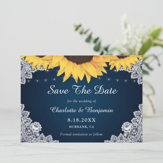 Rustikale Hochzeit der blauen Sonnenblumen der Mar Save The Date (Stehend Vorderseite)