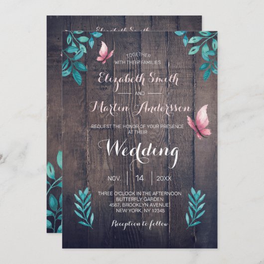 Rustikale Hochzeit der Blütenblütenschmetterlinge Einladung (Vorne/Hinten)