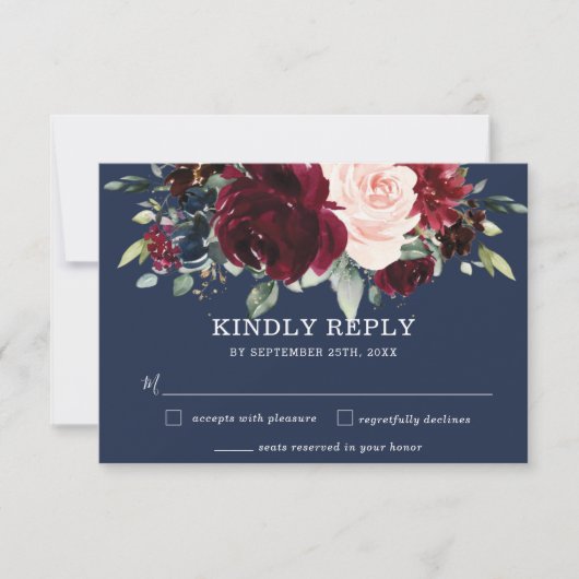Rustikale Hochzeit der Burgunder Navy Blush Blumen RSVP Karte (Vorderseite)