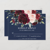 Rustikale Hochzeit der Burgunder Navy Blush Blumen RSVP Karte (Vorne/Hinten)