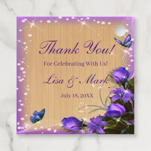 Rustikale Hochzeit der Lila Blütenschmetterlinge Geschenkanhänger (Rückseite)