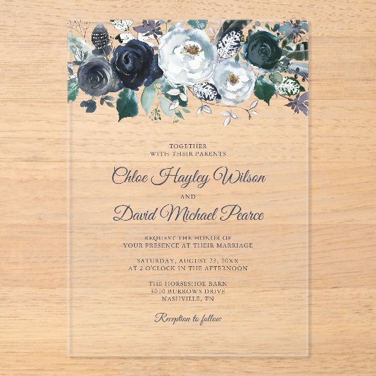 Rustikale Hochzeit der Navy Acryleinladungen (Vorderseite)