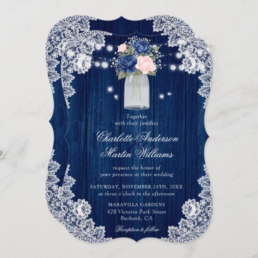 Rustikale Hochzeit der Navy Blush Floral Einladung (Vorne/Hinten)