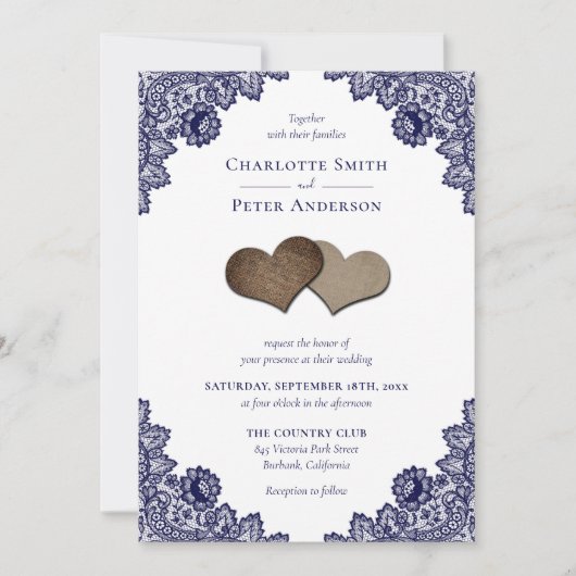Rustikale Hochzeit der Navy Einladung (Vorderseite)