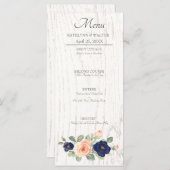 Rustikale Hochzeit der Navy in Blau und Peach Flor Menükarte (Vorne/Hinten)