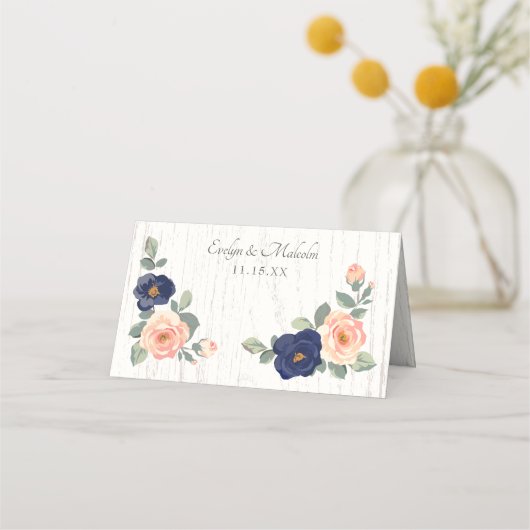 Rustikale Hochzeit der Navy in Blau und Peach Flor Platzkarte (Rückseite)