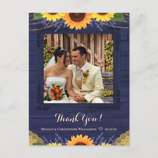 Rustikale Hochzeit der Navy Wood Sunflower Danke F Postkarte (Vorderseite)