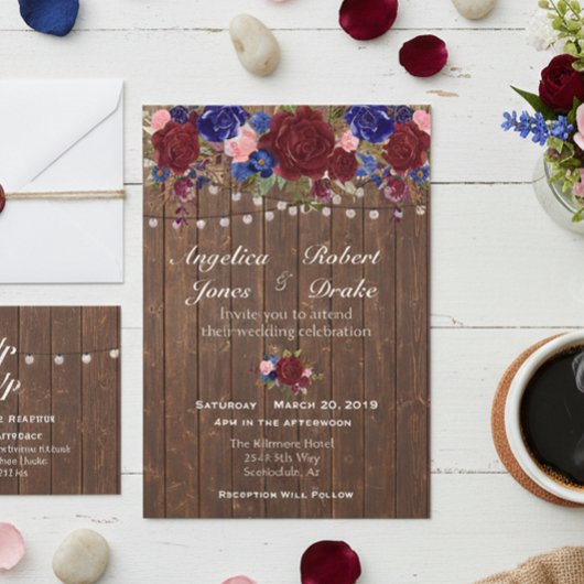 Rustikale Hochzeit der Rose Burgundy Navy Einladung