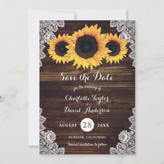 Rustikale Hochzeit der Sonnenblumen aus Holz Save The Date (Vorderseite)