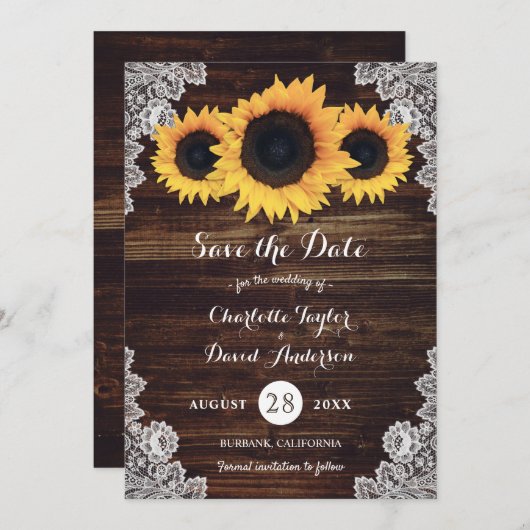 Rustikale Hochzeit der Sonnenblumen aus Holz Save The Date (Vorne/Hinten)
