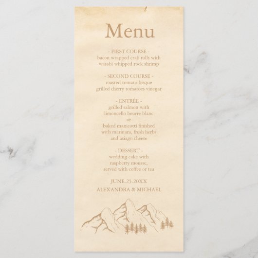 Rustikale Hochzeit der Wald-Berge Menükarte (Rückseite)