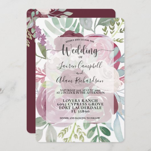 Rustikale Hochzeit der Wasserfarben in Burgund Einladung (Vorne/Hinten)