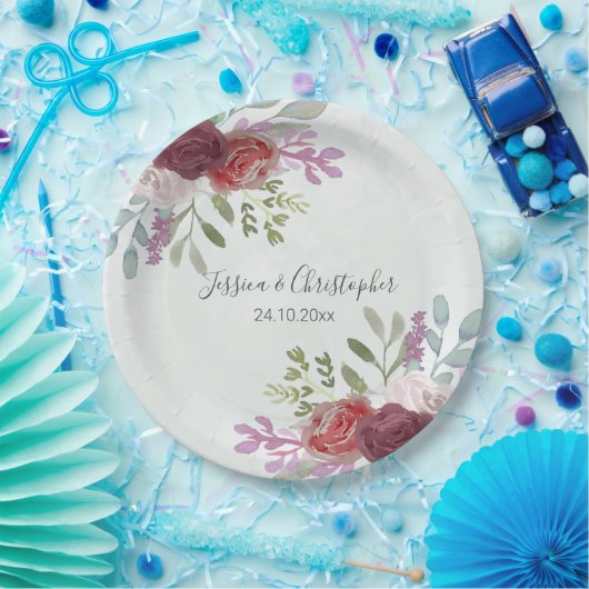 Rustikale Hochzeit der Wasserfarben in Burgund Pappteller (Party)