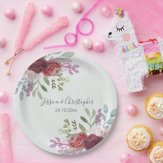 Rustikale Hochzeit der Wasserfarben in Burgund Pappteller (Party)