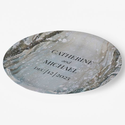 Rustikale Hochzeit des blauen Winterwaldes Pappteller (Schrägansicht)