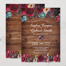 Rustikale Hochzeit des Burgund-Navy-Floral-Holzes Einladung