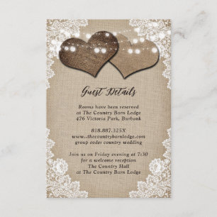 Rustikale Hochzeit des Country Burlap Floral Lace Begleitkarte