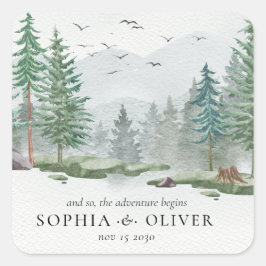 Rustikale Hochzeit des grünen Pinienwaldes Quadratischer Aufkleber