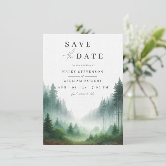 Rustikale Hochzeit des grünen Waldes Save The Date (Stehend Vorderseite)