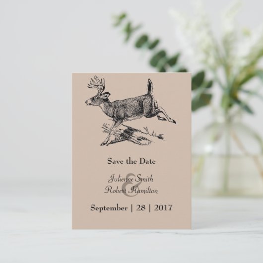 Rustikale Hochzeit des Hirschwaldes speichern Sie Ankündigungspostkarte (Stehend Vorderseite)