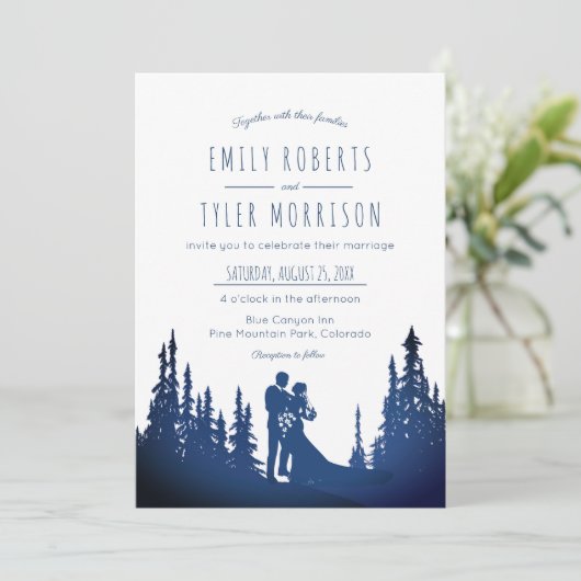 Rustikale Hochzeit des Pinienwaldes - Blau © Einladung (Stehend Vorderseite)