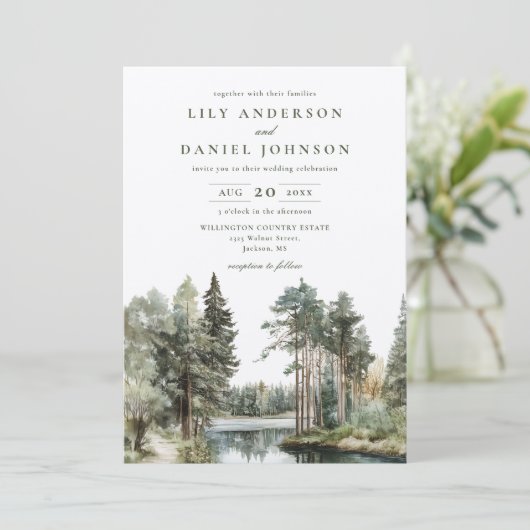 Rustikale Hochzeit des Waldes im Wasserfarbensee Einladung (Stehend Vorderseite)