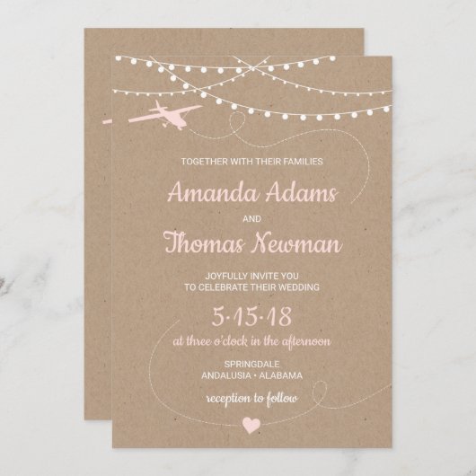 Rustikale Hochzeit Einladung mit Flugzeug und Lich (Vorne/Hinten)