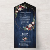 Rustikale Hochzeit floral Burgundy Blue Wood Geo R All In One Einladung (Innen Boden)