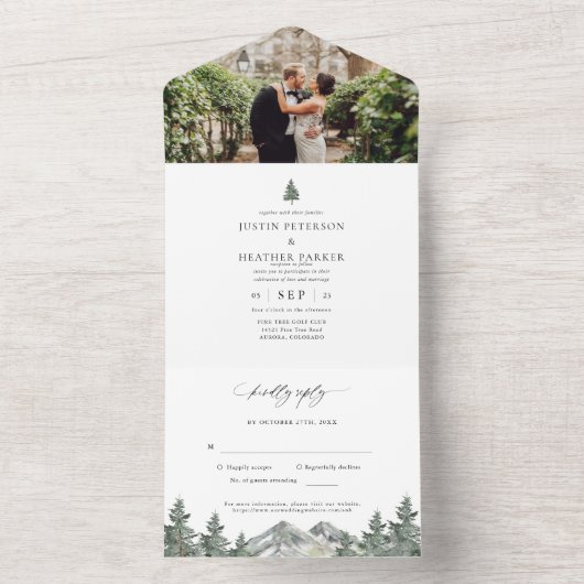 Rustikale Hochzeit im Bergwald im Freien All In One Einladung (Innen Boden)