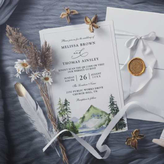 Rustikale Hochzeit im Bergwald mit QR-Code zum Bud Einladung