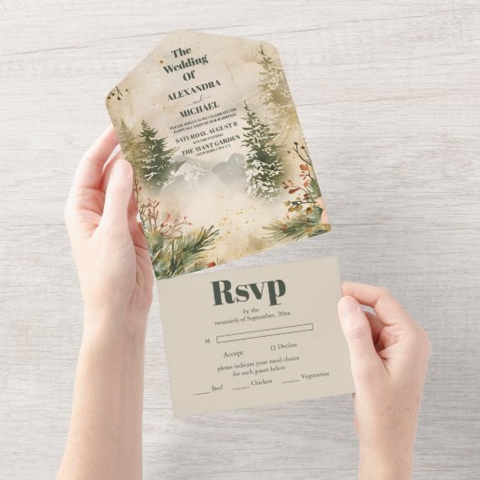 Rustikale Hochzeit im Gebirgswald All In One Einladung (Abreißen)