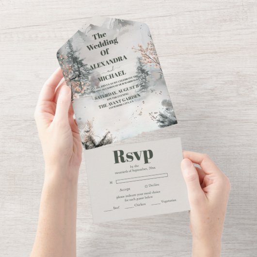 Rustikale Hochzeit im Gebirgswald All In One Einladung (Abreißen)