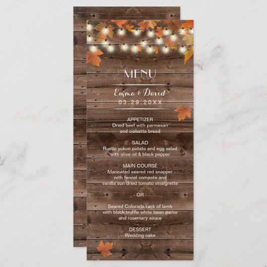 Rustikale Hochzeit im Herbst im Herbst Menükarte (Vorne/Hinten)