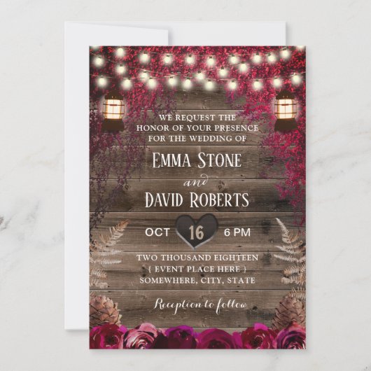 Rustikale Hochzeit im Herbst Lantern Burgund Rote Einladung (Vorderseite)